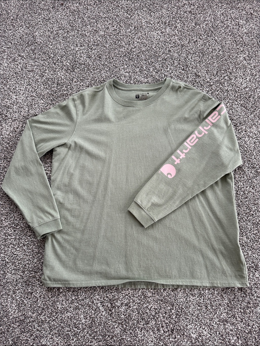 Carhartt Sage Green Long-Sleeve Tee with Pink Sleeve Logo